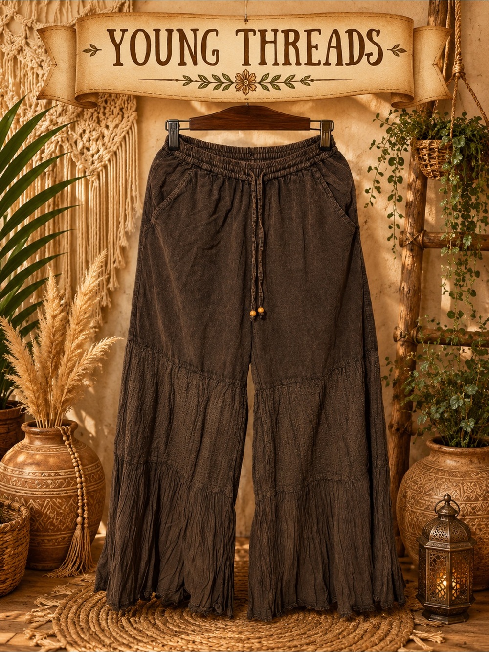 Young Threads Women's Wide Leg Drawstring Pants — Brown